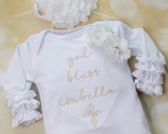 Baby Girl Christening Ruffle Romper White Personalized Infant  Romper  with Name and Cross Embroidery  On The Chest and Matching Headband