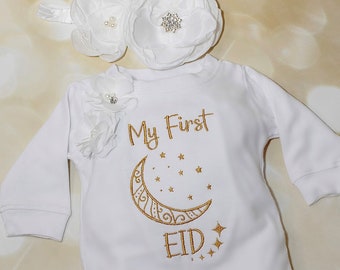 Baby Girl First Eid Romper Eid Ramadan Romper Infant Baby Girl Layette White Cotton Baby Girl Romper Set with Available Matching Headband