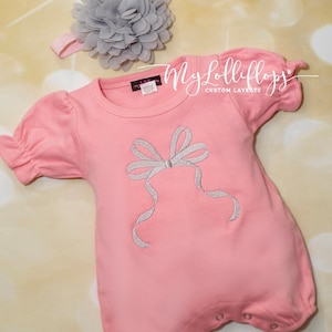 Pink Baby Girl Romper Set Infant One Piece Set Bubble Romper with Embroidered Bow with Matching Headband