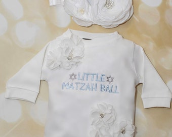 Baby Girl Hannukah Romper White  Infant  Romper  Little Matzah Ball  On The Chest and Available Matching Headband