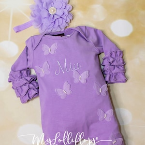 Personalized Custom Baby Girl Ruffle Lavender Infant Layette Cotton Romper with Lots of Butterflies Personalized Ruffle Romper with Headband