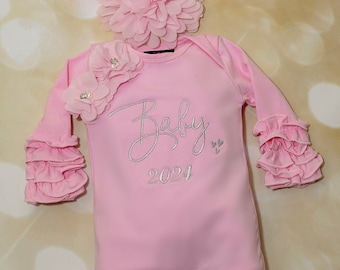 Baby Girl Ruffle Pink Infant Layette Cotton Baby Romper with Large Baby and Year  Embroidery  On The Chest and Matching Headband