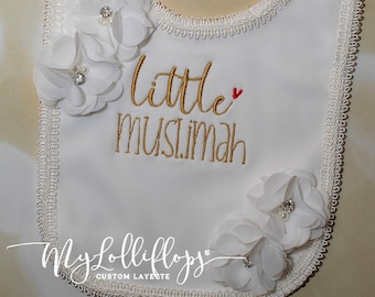 Baby Girl Little Muslimah Embroidered White Bib Baby Girl Little Muslimah Bib with Chiffon and Rhinestone with Trim all around