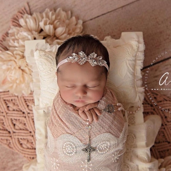 Baby Girl Rhinestone Headband Newborn Rhinestone Headband with Ribbon Tie