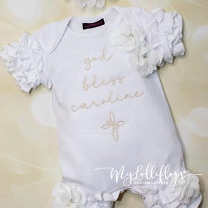Baby Girl Christening Ruffle Romper White Personalized Infant  Romper  with Name and Cross Embroidery  On The Chest and Matching Headband