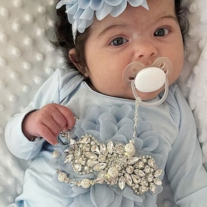 Baby Girl Blue Infant Layette Cotton Baby Romper with Large Flower and Rhinestones blue baby romper with rhinestones and matching hat