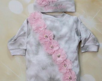 Baby Girl Gift New Baby Gift Shower Gift Grey Tie Dye Cotton Baby Romper with Pink Chiffon Flowers  On The Chest and Matching Hat