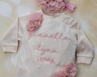 Baby Girl Personalized Gift Newborn Gift Shower Gift Baby Romper Cotton Romper with Mauve Personalization On The Chest and Matching Headband