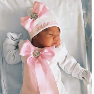 Baby Girl Personalized Gown Baby Girl Gown Set Personalized Infant Layette  with Embroidered Matching Hat