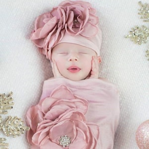 Newborn Baby Girl Gift Rose Baby Sack Shower Gift Mauve Infant Layette Cotton Baby Sack with Large Flower On The Chest and Matching Hat image 1