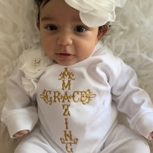 Baby Girl Christening Baptism Amazing Grace White Romper Infant Baby Girl Layette White Cotton Baby Girl Romper Set with Matching Headband