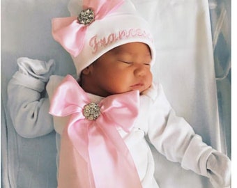 Baby Girl Personalized Gown Baby Girl Gown Set Personalized Infant Layette  with Embroidered Matching Hat