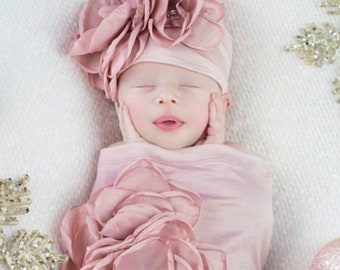 Newborn Baby Girl Gift Rose Baby Sack  Shower Gift Mauve Infant Layette Cotton Baby Sack with Large Flower  On The Chest and Matching Hat