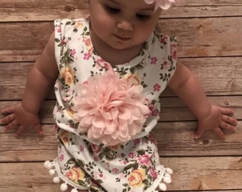 Floral Baby Romper with Pom Poms, Sleeveless Cotton One Piece