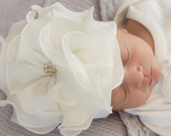Infant Baby Girl White Hat with Large Chiffon Flower