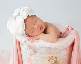 Baby Girl Beautiful Rhinestone Center Headband with Lace Band Infant  Off White Flower Headband with Beautiful Lace