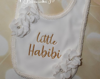 Baby Girl Little Habibi Embroidered White Bib Baby Girl Little Habibi Bib with Chiffon and Rhinestone with Trim all around