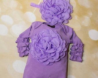 Baby Girl Ruffle lavender  Infant Layette Cotton Baby Romper with Large Chiffon On The Chest and Matching Headband