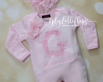 Baby Girl Personalized Gift Newborn Gift Shower Gift Baby Romper Cotton Romper with Pink Personalization On The Chest and Matching Headband