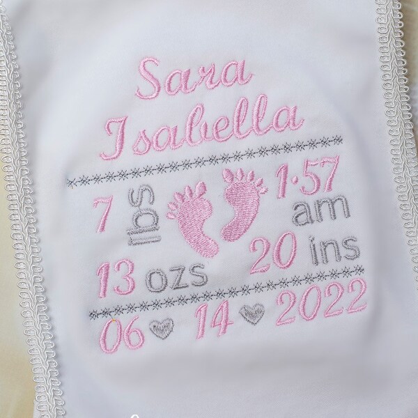Personalized Baby Girl Burp Cloth, Embroidered Birth Announcement