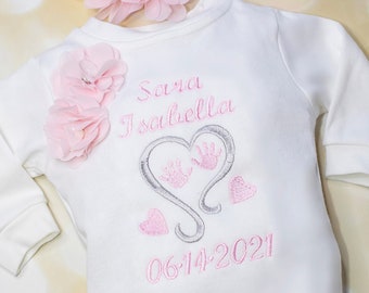 Baby Girl Birth Announcement Personalized Romper set  Baby Girl Romper Set Infant Romper  with Announcement and Matching Headband