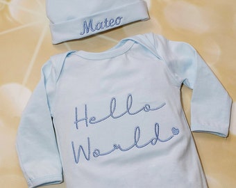 Baby Boy Hello World Light Blue Personalized Romper Infant Baby Blue Layette Cotton Baby Romper  With Matching Hat