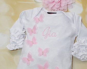 Baby Girl Ruffle White Infant Layette Cotton Romper with Lots of Butterflies Personalized Ruffle Romper with Headband