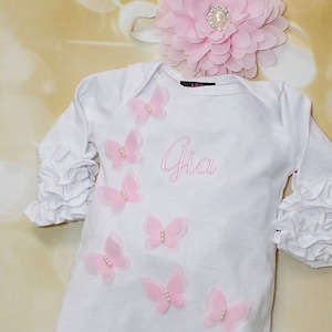 Baby Girl Ruffle White Infant Layette Cotton Romper with Lots of Butterflies Personalized Ruffle Romper with Headband