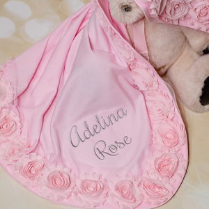 Baby Girl Blanket Pink Receiving Blanket with Shabby Chiffon Flowers