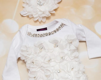 Baby Girl Take Home Outfit Infant Baby Layette White Cotton Baby Gown with Off White Chiffon Flowers and Rhinestones and Matching  Headband