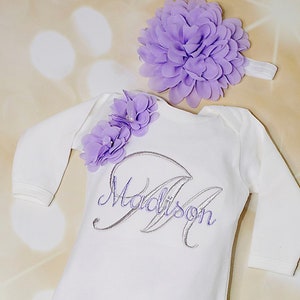 Personalized  Baby Girl Gown Set White Embroidered Infant Gown Set with Beautiful Embroidery and Matching Headband
