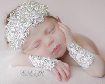 Newborn Baby Girl Lace Rhinestone Headband Infant Headband Photo Prop Lace with Rhinestone Newborn Cuffs