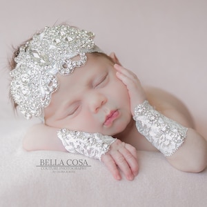 Newborn Baby Girl Lace Rhinestone Headband Infant Headband Photo Prop Lace with Rhinestone Newborn Cuffs