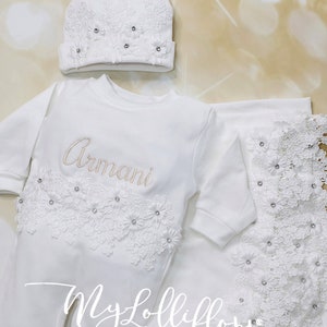 Baby Girl Two Piece Personalized Rhinestone Lace White Romper Infant  Layette Cotton Romper with Beautiful Lace and Available Matching Hat