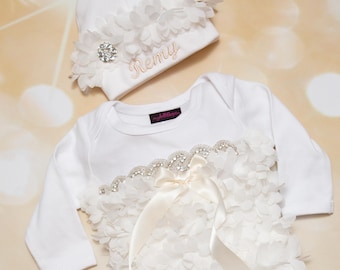 Personalized Baby Girl Gift Personalized Take Home Outfit Infant Baby Girl White Cotton Baby Gown with Off White Chiffon and Rhinestones