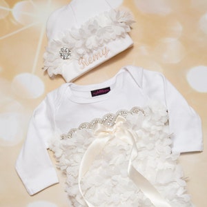 Personalized Baby Girl Gift Personalized Take Home Outfit Infant Baby Girl White Cotton Baby Gown with Off White Chiffon and Rhinestones