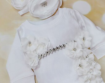 Baby Girl White Romper Infant Layette Cotton Baby Romper with Rhinestones and Chiffon Flowers with  Matching Headband