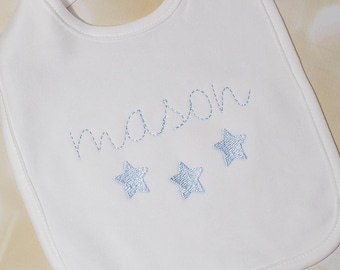 Baby boy Bib Embroidered White Baby Bib Handwritten Script Embroidery Baby Boy Bib with little stars