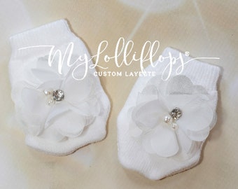 Baby Girl Mittens White Newborn Mittens Infant Baby Girl Mittens with Small Chiffon Flowers