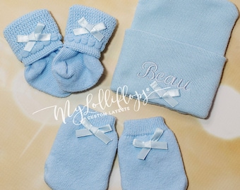 Newborn Hospital Baby Hat  Socks and Mittens Set Baby Boy Newborn Set Newborn Baby Boy Hospital Hat