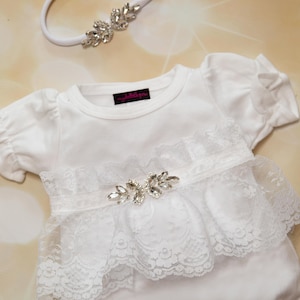 Baby Girl Lace Romper Infant Baby Layette White Cotton Bubble Romper with Rhinestones