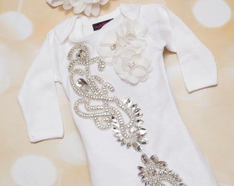 Baby Girl Take Home Outfit Infant Baby Layette White Cotton Baby Gown with Chiffon  and Large Rhinestone Applique