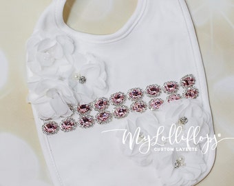 Baby Girl White Cotton Bib with 2 Rows of Rhinestones and Off White Flowers Beautiful