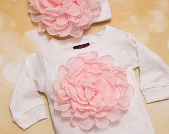 Baby Girl White Romper Set: Chiffon Flower, Matching Headband