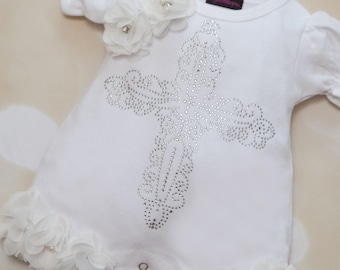 Large Rhinestone Cross Infant Baby Girl Layette White Cotton Bubble Romper with Off White Chiffon Flowers and matching headband