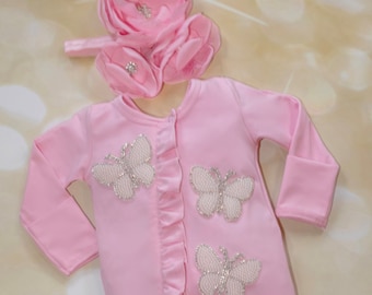 Baby Girl Gift Ruffle Pink Newborn Cotton Baby Romper Newborn Gift with Rhinestone Butterflies Newborn Shower Gift with Matching Headband
