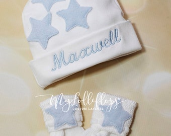 Baby Boy Personalized Star Beanie Set Baby Boy Hat Cotton Personalized Baby Boy Hat with Socks