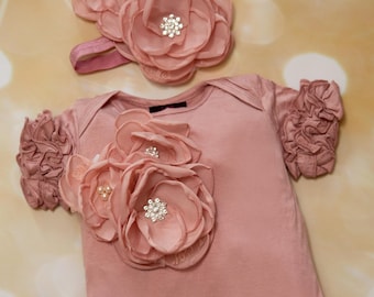 Baby Girl Ruffle Mauve Baby Girl Romper Short Sleeve Infant One Piece  Romper with Large  Flower