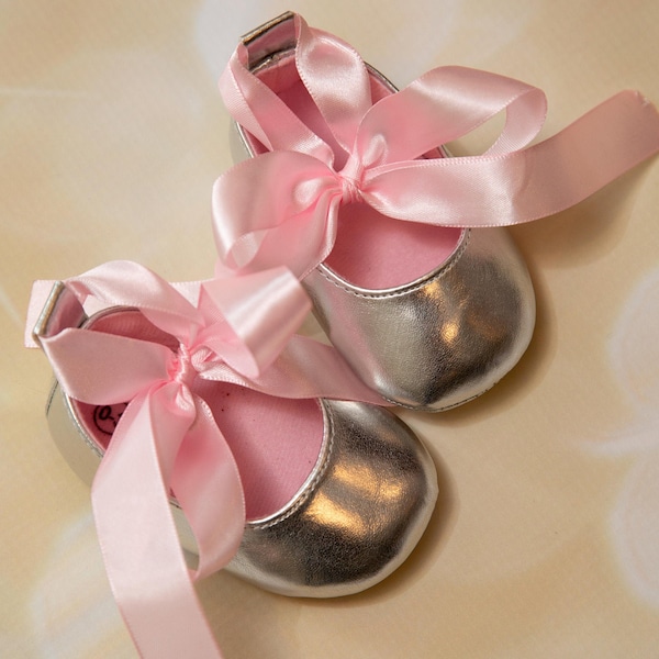 Baby Girl Silver Shoes Silver with Pink Ribbon Tie Shoes