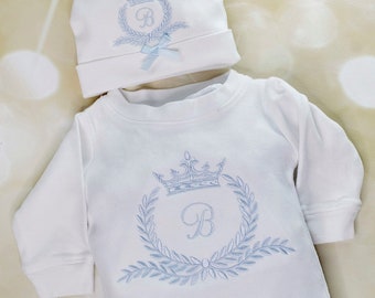 Baby Boy Romper Personalized White  Romper Set Large Crest Embroidery Infant Romper Set with available  Matching Hat